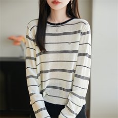 法式撞色条纹长袖针织衫女2025新款洋气内搭打底衫保暖毛衣上衣潮，女装针织衫/毛衣，菲奥羊绒