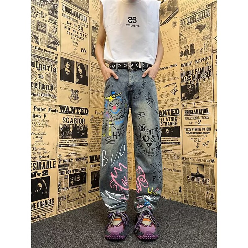 美式高街手绘涂鸦牛仔裤男款秋冬小众设计感裤子直筒修身微喇长裤，男装牛仔裤，星座410-6（原星座1304-1）