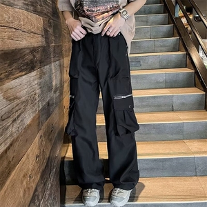 工装微喇叭休闲裤子拉链拼接多口袋拖地长裤男女KT62,中长款t恤腰带穿搭图片