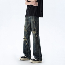 B221美式ins高街暗黑小众夏季重工艺破洞牛仔裤LK24178-P65控88，男装牛仔裤，电商B221