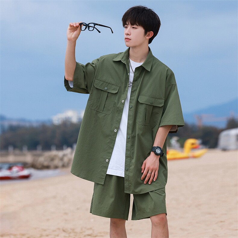 夏季套装男高品潮牌五分袖衬衫短裤大码两件套DSA157B-C70-P85图片