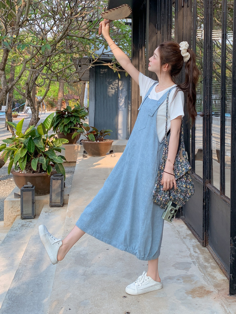 休闲减龄牛仔背带连衣裙套装女夏季新款学院风洋气时尚T恤两件套,女装套装/套裙,慧尚2-185