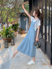 休闲减龄牛仔背带连衣裙套装女夏季新款学院风洋气时尚T恤两件套，女装套装/套裙，慧尚2-185