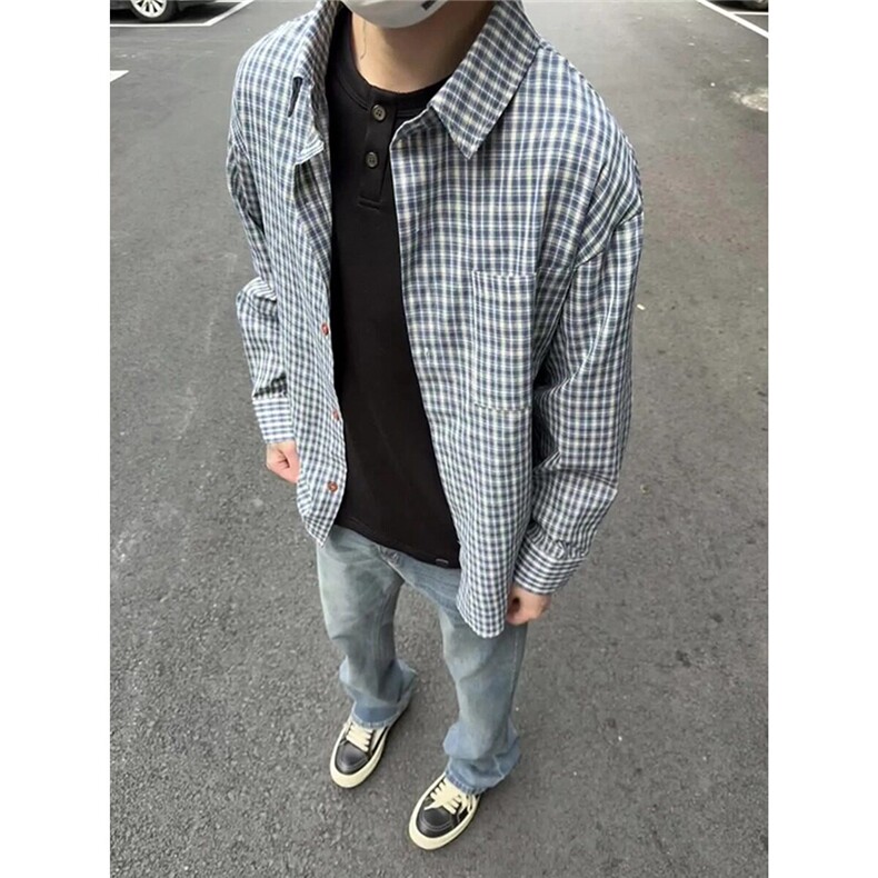 日系复古蓝白格子衬衫男女夏季cleanfit叠穿长袖衬衣防晒外套C16,男装衬衫,星座1116A（原606A-3）