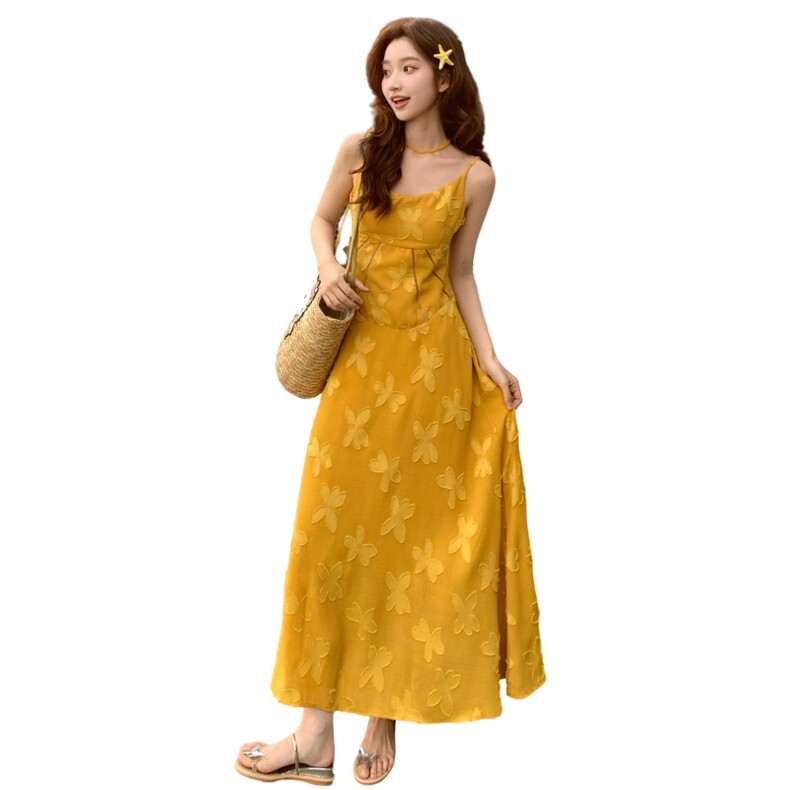 法式姜黄色蝴蝶印花吊带连衣裙女夏2025新款独特漂亮甜美显瘦长裙,女装连衣裙,浙宝193A