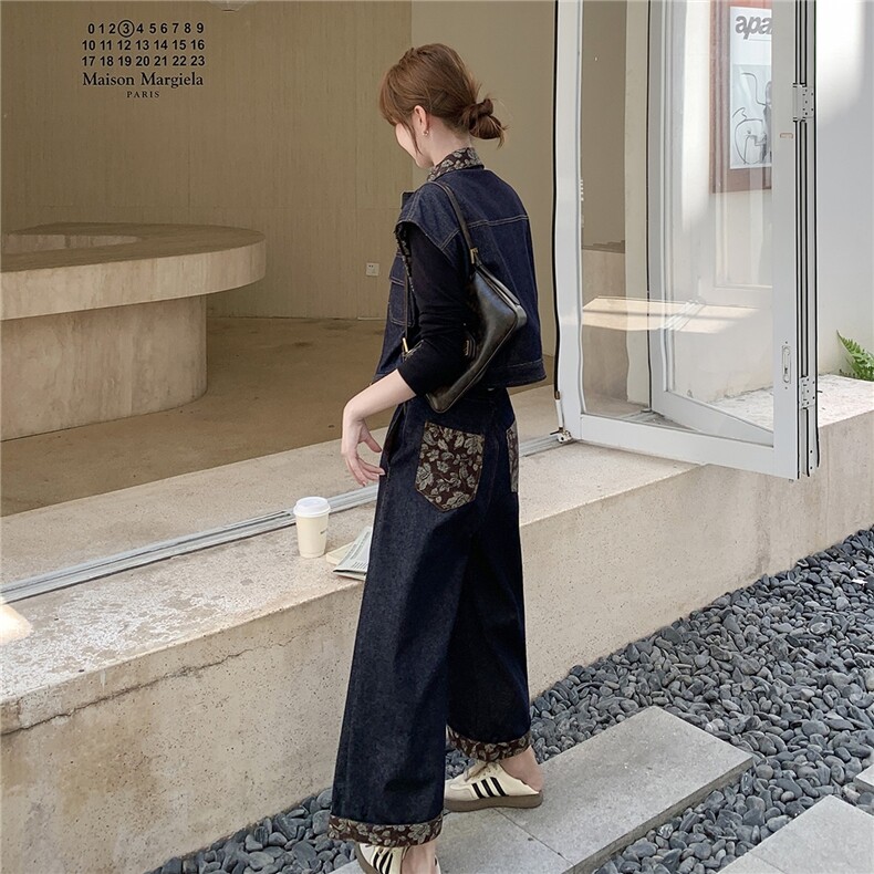 2025秋季复古印花拼接淡人牛仔套装女设计感马甲内搭阔腿裤三件套,女装套装/套裙,2B237