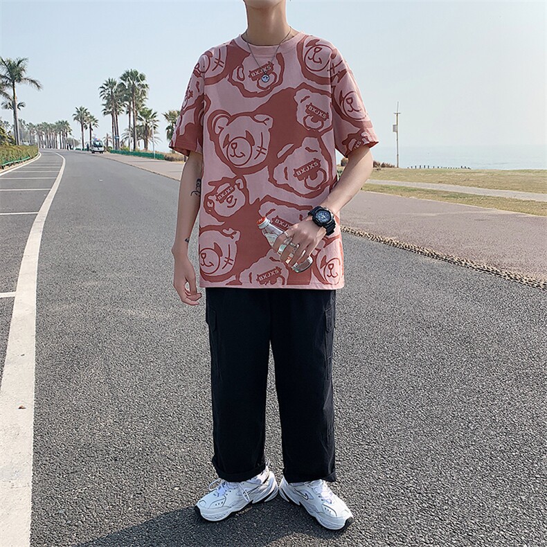 港风小熊印花半袖男夏季ins潮流圆领短袖T恤潮流T129P35控49,男装T恤,电商A089-1