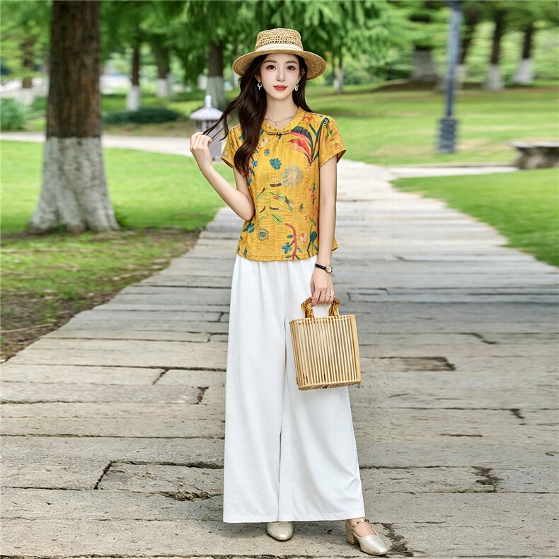 现货！夏季套装2026新款松弛感新中式盘扣上衣服女两件套端庄大气,女装套装/套裙,衣之秀