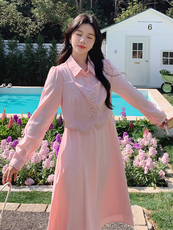 粉色马甲拼接假两件连衣裙女2025春季新款法式温柔风小个子衬衫裙，女装套装/套裙，浙宝305
