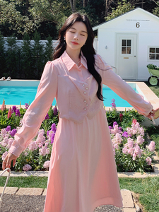 粉色马甲拼接假两件连衣裙女2025春季新款法式温柔风小个子衬衫裙图片