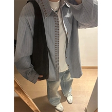 复古十字刺绣条纹衬衫长袖男秋季宽松休闲简约衬衣CS214，男装衬衫，星座1116A（原606A-3）