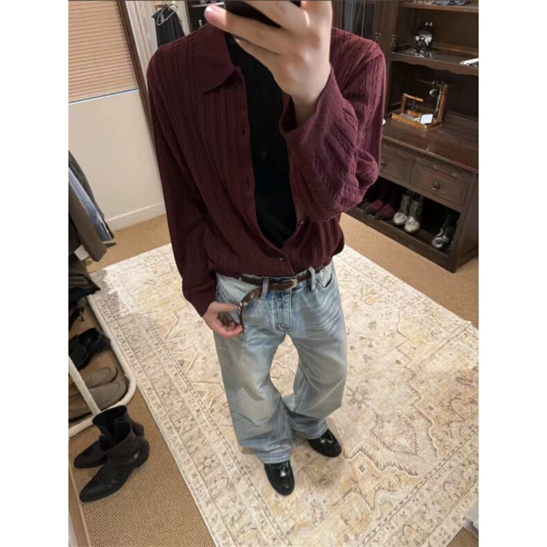 现货~酒红色老钱风秋冬条纹纽花休闲开衫毛衣MY2590批68,男装针织衫/毛衣,星座1411A-6
