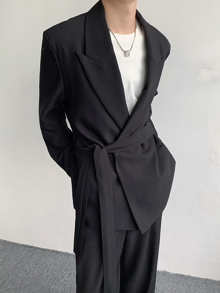 腰部系带西装外套男高级感黑色休闲西服2305-P105图片