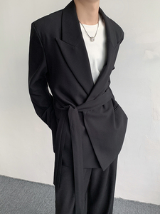 腰部系带西装外套男高级感黑色休闲西服2305-P105图片