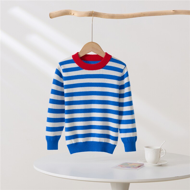 2025年新款百搭条纹撞色长袖圆领羊绒衫，童装儿童羊绒衫，轩曦羊绒