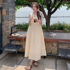 2024夏季新款韩版百搭时尚宽松连衣裙女无袖压褶显瘦背心长裙子潮，女装连衣裙，C位