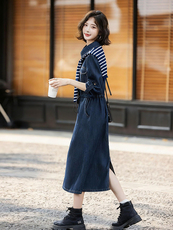 法式披肩连衣裙送披肩牛仔2025秋季新款时尚气质显瘦两件套潮棉，女装连衣裙，E百度