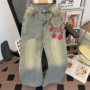 美式复古高街宽松水洗牛仔裤男秋冬刺绣微喇直筒裤潮N501-P48图片