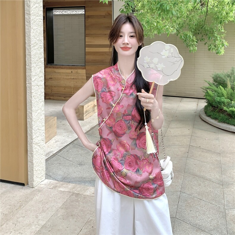 新中式国风盘扣立领衬衫女2025夏季新款时尚洋气印花老钱风上衣潮,女装蕾丝衫/雪纺衫,秋水欣儿