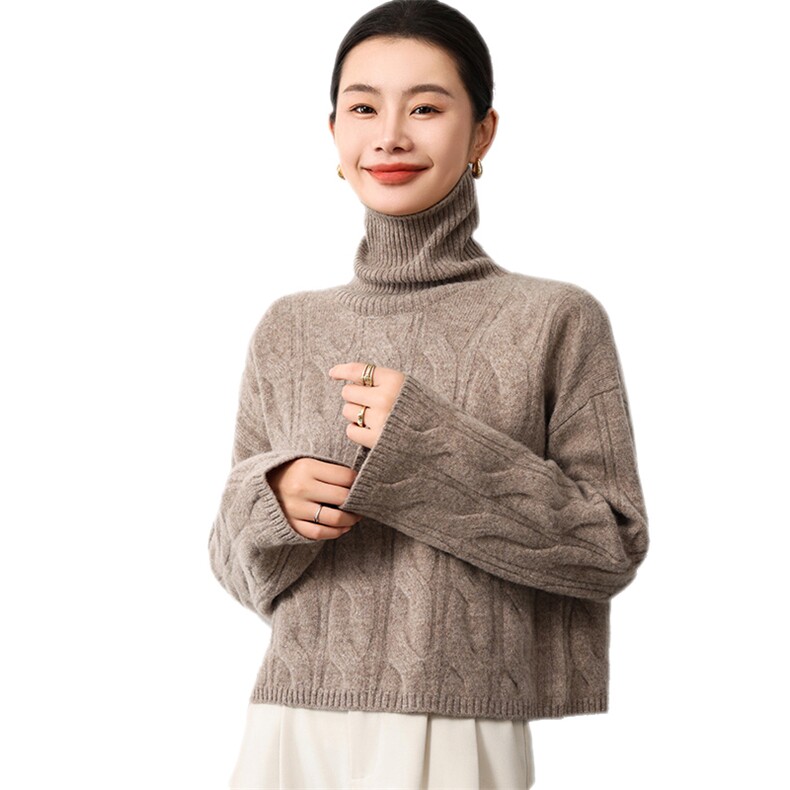 时尚百搭女纯澳毛大麻花高领羊毛衫显瘦保暖秋冬必备单品,女装羊毛衫,奢优羊绒