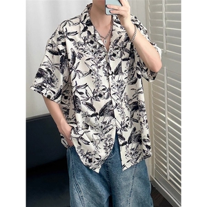 夏威夷夏季宽松花衬衫男高街vibe风短袖欧美痞帅小众度假沙滩衬衣图片