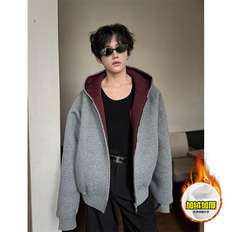 480G重磅加绒硬挺boxy 男女秋冬美式高街双层双面卫衣开衫厚外套图片