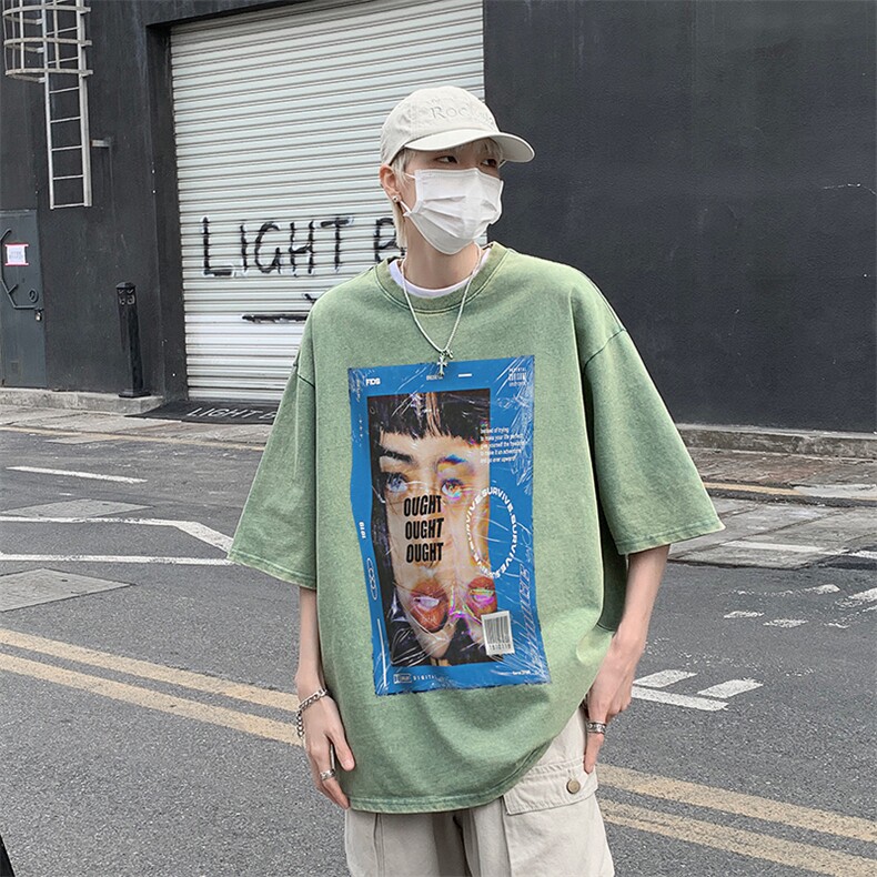 复古水洗做旧美式杂志印花落肩袖高街重磅短袖T恤B239-1073-P38,男装T恤,星座514-2(原B239)