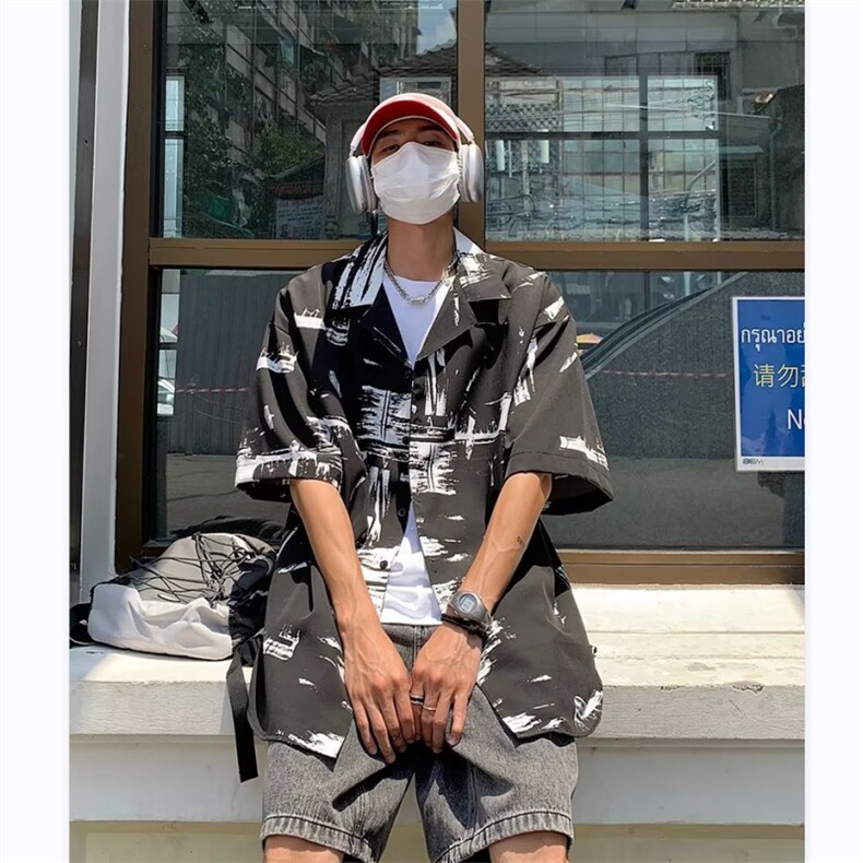 暗黑高街衬衫男韩版潮流短袖涂鸦拼色帅2024夏季ins外套CY215-P31,男装衬衫,星座412-3
