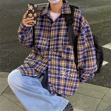 A806-P45美式宽松长袖衬衣情侣外套可拆卸两穿复古格子衬衫男，男装衬衫，星座512-6