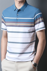 夏季新款男士短袖男款POLO杉高档轻商务翻领条纹百搭中年爸爸装图片