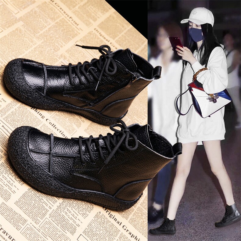 头层牛皮马丁靴女2024秋冬新款休闲短靴复古平底高帮鞋女,女鞋马丁靴,电商A223