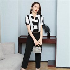 2021年夏季时尚潮流气质拼接色直筒裤优雅套装，女装套装/套裙，贵人树