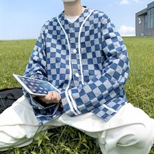 22秋冬港风大码夹克宽松棒球服外穿棋盘格子牛仔衣ins潮F17/P65，男装夹克，钱塘713