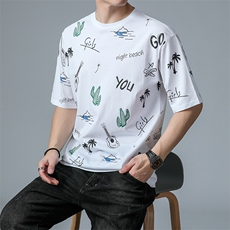 时尚短袖t恤男士夏季2024新款宽松透气印花休闲装衣服打底体恤P55，男装T恤，钱塘6003A(原)4033A