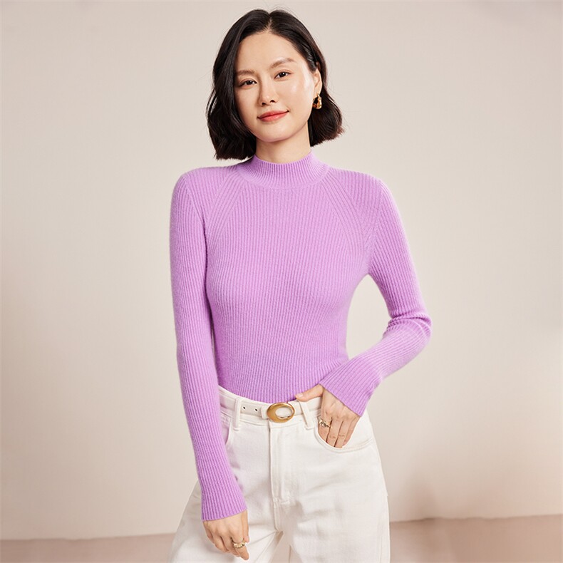 秋冬季30%羊绒休闲简约时尚百搭十二针包领抽条半高羊绒衫,女装羊绒衫,名驰羊绒