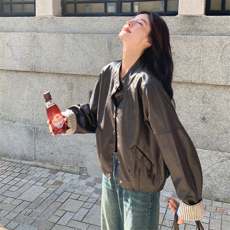 咖色皮衣短外套女春秋2025新款复古立领机车服休闲夹克上衣1391,女装皮衣,欣美人