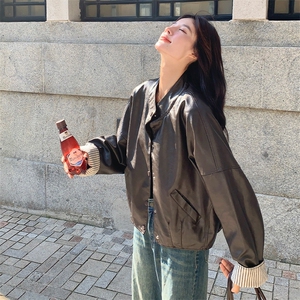 咖色皮衣短外套女春秋2025新款复古立领机车服休闲夹克上衣1391图片