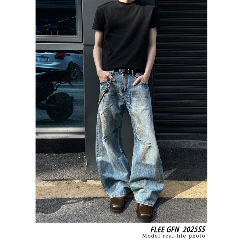 网图 破洞脏染做旧弯刀牛仔裤男高街宽松cleanfit长裤子F715-P55图片