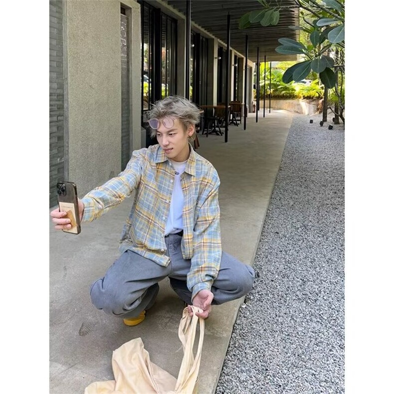 青少年标准雀斑男装磨毛格纹长袖衬衫翻领潮流新款潮格子春季日系,男装衬衫,星座1210-1