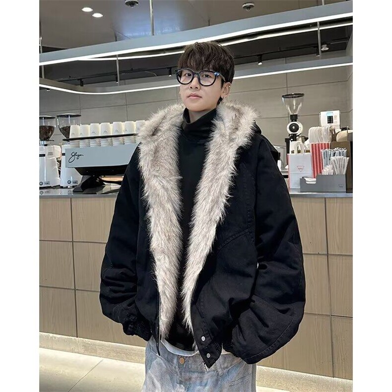 网络图冬季毛领连帽棉服男外套男女冬季纯色短款宽松连帽工装棉衣图片