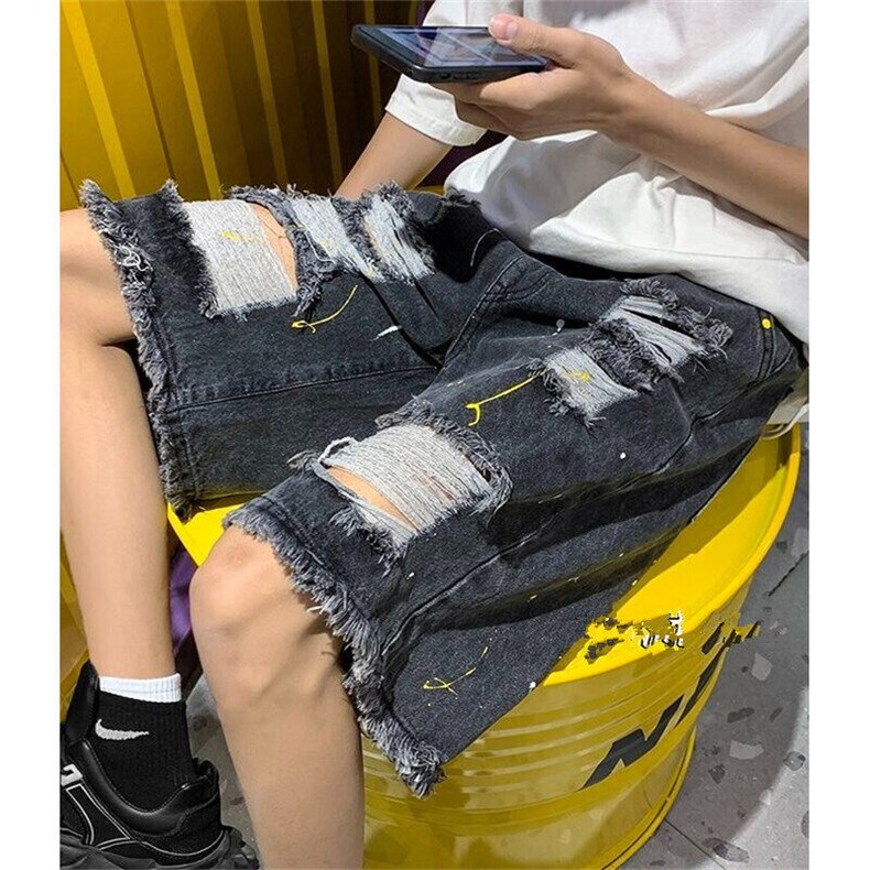 毛边破洞牛仔短裤男夏季潮牌ins宽松街头嘻哈漆点五分裤NK65,男装牛仔裤,星座1116A（原606A-3）