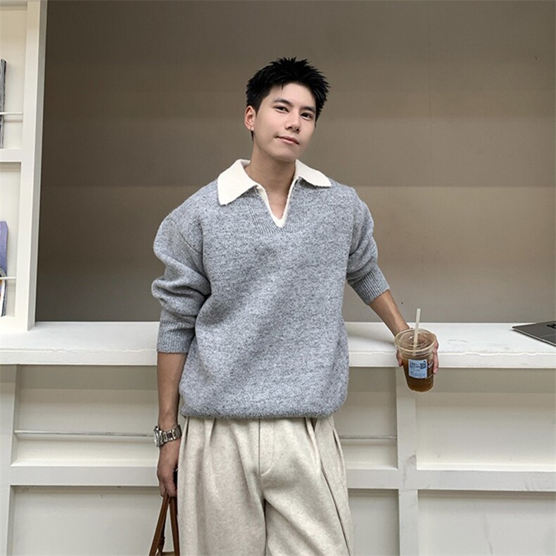 网图假两件衬衫领毛衣内搭慵懒风撞色翻领针织衫A025-BM1232-P50,男装针织衫/毛衣,电商A025
