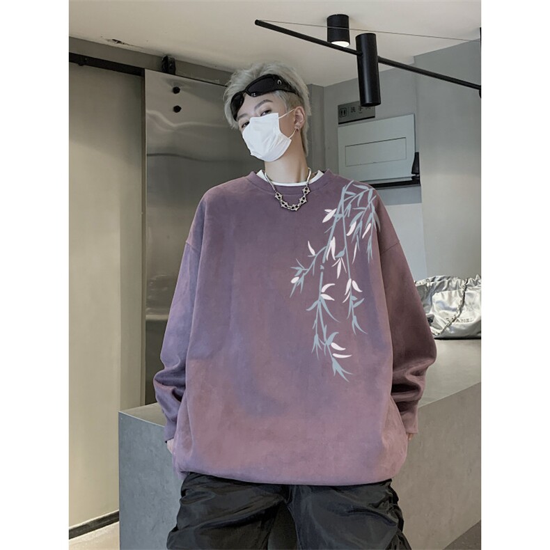 2025秋季新款风竹叶印花麂皮绒宽松圆领卫衣wyjp262-特35控69,男装卫衣,星座605(原A050)