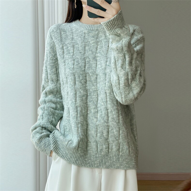 秋季新款阿兰花圆领针织套头上衣时尚百搭，女装针织衫/毛衣，优麦羊绒（原洪叶羊绒）