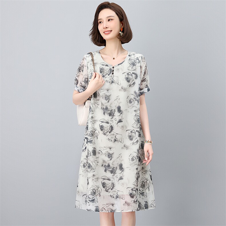 高级感连衣裙女2025新款夏季大码女装遮肚子微胖妈妈减龄仿棉麻裙,女装连衣裙,鑫鑫格