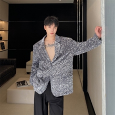 春季轻奢丝绒亮片炫彩垫肩阔型西服潮流晚会舞台表演外套3560P150，男装夹克，电商A246