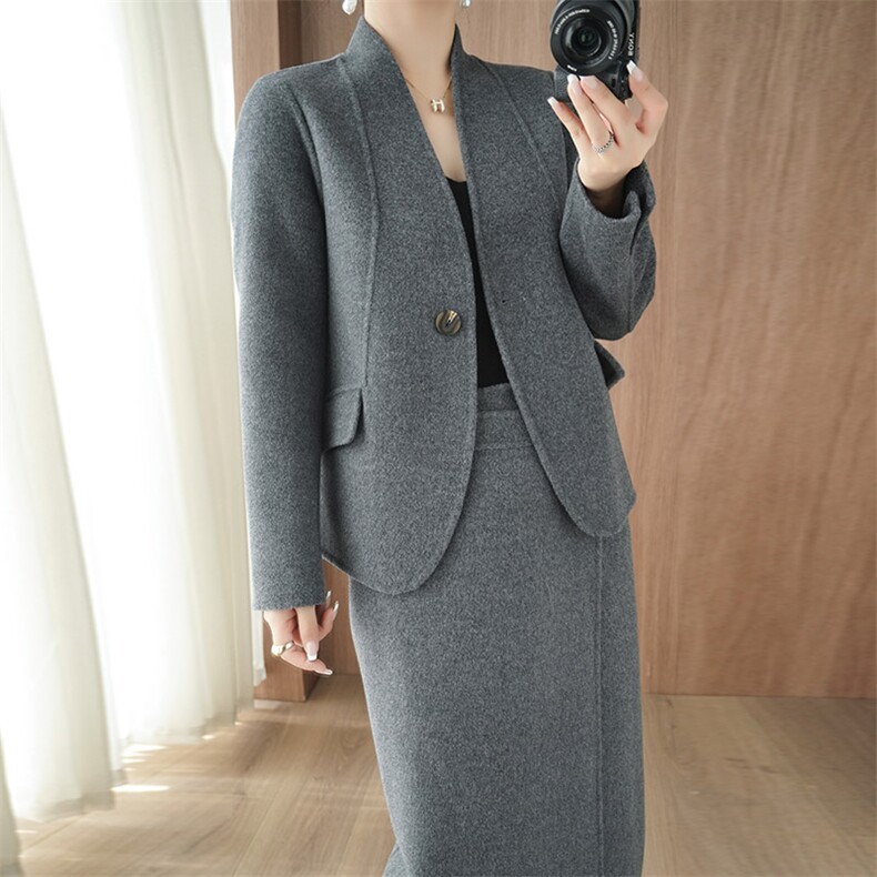 气质羊毛呢外套女套装2025秋冬季高级感双面羊绒大衣半身裙两件套，女装双面呢大衣，乾庄羊绒