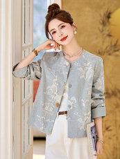 蓝色新中式国风刺绣外套女2025春秋新款独特漂亮减龄气质圆领上衣，女装短外套，沁沁公主