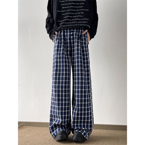 蓝色格子阔腿裤男女2024秋季新款韩系复古慵懒风显瘦拖地休闲裤图片