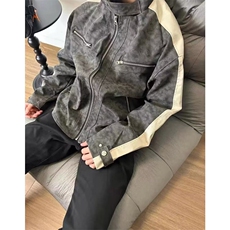 扎染拼皮垫肩立领机车夹克男秋冬新款美式复古痞帅高级感情侣外套，男装夹克，星座813-2